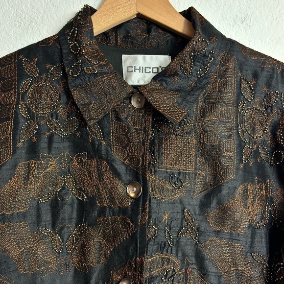 CHICOS JACKET WOMENS 1 BROWN SILK BEADED MEBROIDERED BUTTON FRONT TOP MEDIUM - Picture 6 of 7